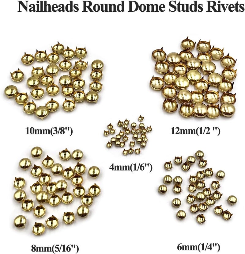 honigo 150pcs Nailheads Round Dome Studs Rivets Gold Metal Solid Brass 4/6/8/10/12mm 4 Prongs Spikes Spots for Leather Craft Clothes Belt Bag Shoes Decorations Totes DIY Craft - Image 4